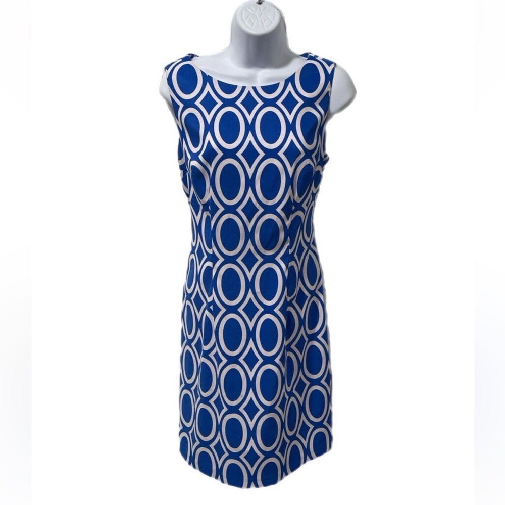 Alyx Blue and White Geometric Pattern Sheath Dress